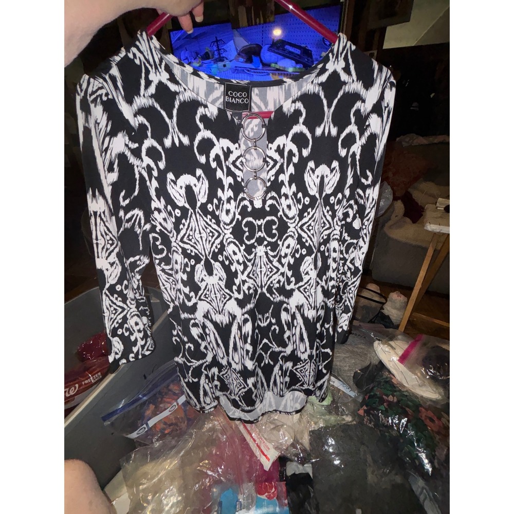 Coco Bianco Womens Black White Ikat Damask O-Ring 3/4 Sleeve Tunic Top Size M